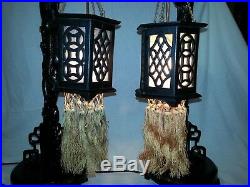 Pair VTG Antique Chinese Wood Carved Dragon Lamps & Orig. Shades