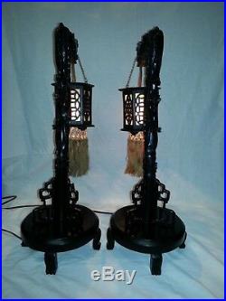 Pair VTG Antique Chinese Wood Carved Dragon Lamps & Orig. Shades