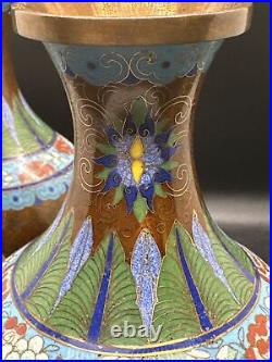 Pair Vintage/Antique Chinese Copper Cloisonné Green Imperial Dragons Vases