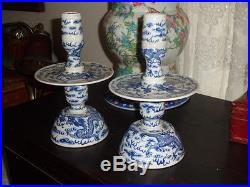 Pair of Antique Chinese Blue & White Porcelain Candlesticks w Dragons & Bats
