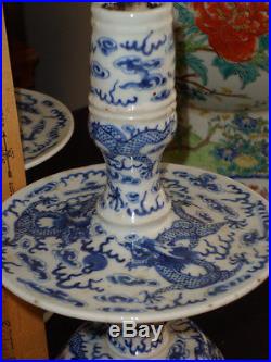 Pair of Antique Chinese Blue & White Porcelain Candlesticks w Dragons & Bats