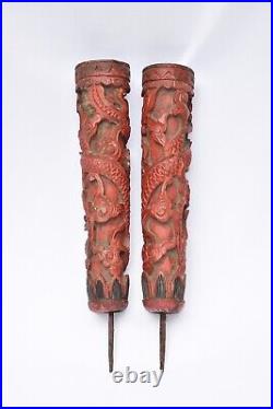 Pair of Antique Chinese Red & Gilt Wood Carved Candle w Dragon