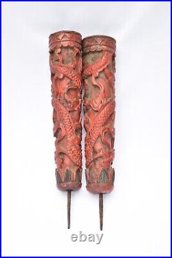 Pair of Antique Chinese Red & Gilt Wood Carved Candle w Dragon