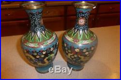 Pair of Chinese Cloisonne Enamel Vases Antique 9 Tall Dragons Clouds