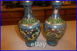 Pair of Chinese Cloisonne Enamel Vases Antique 9 Tall Dragons Clouds