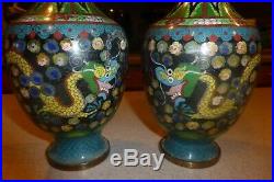Pair of Chinese Cloisonne Enamel Vases Antique 9 Tall Dragons Clouds