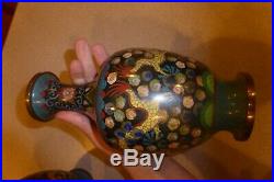 Pair of Chinese Cloisonne Enamel Vases Antique 9 Tall Dragons Clouds