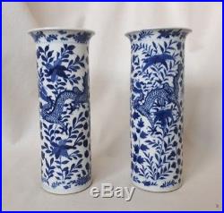 Pair of Chinese Porcelain Sleeve Vases. Blue & White Dragon. Antique Kangxi Mark