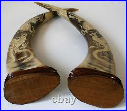 Pair of Vintage Chinese Ox Water Buffalo Horns Carved With Dragon, Phoenix 16in