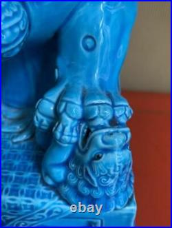 Pair of Vintage Chinese Turquoise Blue Monochrome Porcelain Foo Lion Guardians