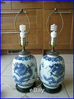Pair vintage Chinese Blue and White Porcelain Ginger Jar Dragon Table Lamps 23