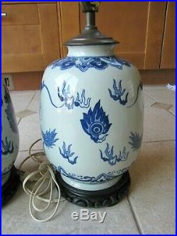 Pair vintage Chinese Blue and White Porcelain Ginger Jar Dragon Table Lamps 23