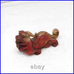 Pi Yao Dragon Antique Chinese Red Stone Carving Signed Success Wealth Luck