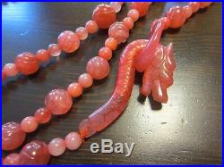 Pretty Vintage Chinese Red Pink Icy Jade Jadeite Dragon Clasp Carved Necklace