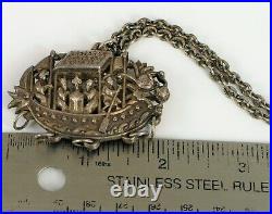 Qing Dynasty Unusual Chinese Sterling Silver Ornate Dragon Boat Scene Pendant