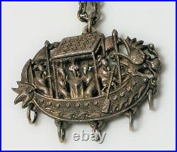 Qing Dynasty Unusual Chinese Sterling Silver Ornate Dragon Boat Scene Pendant