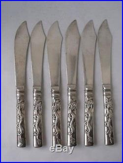 Quality Antique Chinese Dragons Solid Silver 12 (6+6) Fish Set Cutlery