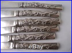 Quality Antique Chinese Dragons Solid Silver 12 (6+6) Fish Set Cutlery