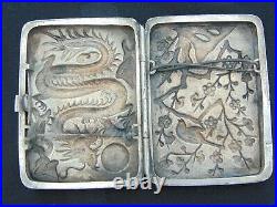 Quality Antique Silver Chinese Raised Decorated Cigarette Case Dragon And Bird