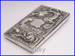 RARE ANTIQUE ASIAN CHINESE EXPORT SOLID SILVER CARD CASE DRAGONS STUNNING c1890