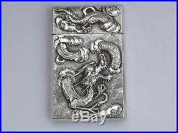 RARE ANTIQUE ASIAN CHINESE EXPORT SOLID SILVER CARD CASE DRAGONS STUNNING c1890
