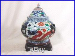 RARE ANTIQUE HAND PAINTED CHINESE PORCELAIN DRAGON 3PC URN With STAND