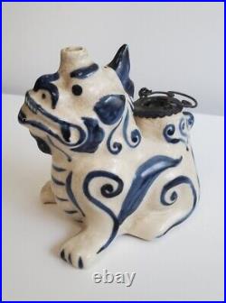 RARE Antique Ceramic Dragon OPIUM POT Blue 5 Blue White crazing Chinese Zodiac
