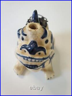 RARE Antique Ceramic Dragon OPIUM POT Blue 5 Blue White crazing Chinese Zodiac