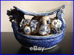 RARE Antique Chinese Blue White Double Dragon Art Pillow Children Porcelain WOW