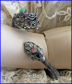 RARE Antique Chinese Export Sterling Silver Jade Ruby Eye Dragon Cuff Bracelet