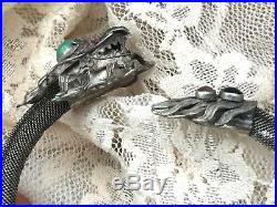 RARE Antique Chinese Export Sterling Silver Jade Ruby Eye Dragon Cuff Bracelet