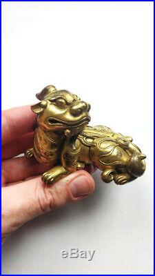 RARE Antique Chinese Gilt Bronze Dragon Beast Scroll Weight Figure Qing Dynasty