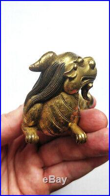 RARE Antique Chinese Gilt Bronze Dragon Beast Scroll Weight Figure Qing Dynasty