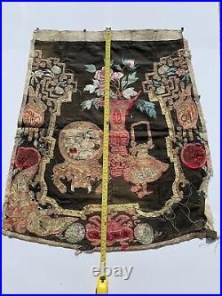 RARE Antique Chinese Silk Embroidery DRAGON BIRD FLOWER LARGE OVER 2 FEET