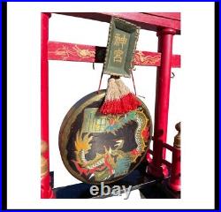 RARE CIRCA 1900 Chinese Table GONG Laquered Base Hand Painted Dragon Brass Gong