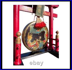 RARE CIRCA 1900 Chinese Table GONG Laquered Base Hand Painted Dragon Brass Gong