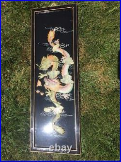 RARE Jade Dragon MOTHER PEARL INLAY Asian China Chinese Wall ART LAQUER PLAQUE