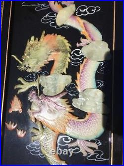 RARE Jade Dragon MOTHER PEARL INLAY Asian China Chinese Wall ART LAQUER PLAQUE