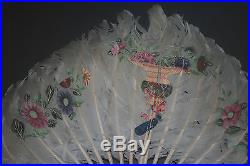 Rare Large Antique Chinese Hand Painted Feather Pien Mien Hand Screen Fan Dragon
