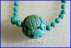 RARE VINTAGE ANTIQUE CHINESE CARVED NATURAL TURQUOISE SHOU Dragon NECKLACE 16