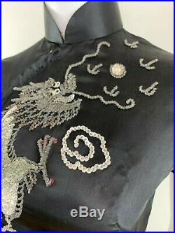 RARE Vintage 1950s Black Silk Qipao Cheongsam Chinese Dress Sequin DRAGON XS S