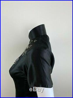 RARE Vintage 1950s Black Silk Qipao Cheongsam Chinese Dress Sequin DRAGON XS S