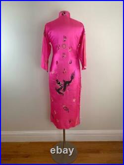 RARE Vtg 1940s PINK Silk Qipao Cheongsam Chinese Dress Embroidered Dragon S M