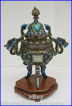 RARE antique/vintage Chinese SILVER cloisonne dragon censer JADE turquoise INLAY