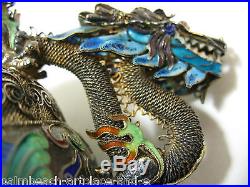 RARE antique/vintage Chinese SILVER cloisonne dragon censer JADE turquoise INLAY