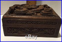 Rare 1800's Antique Chinese Wood Trinket Box 3D Relief Deeply Hand Carved Dragon