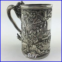 Rare 19thC Antique Chinese Export Silver Luen Wo Scene Dragon Tankard Mug Cup