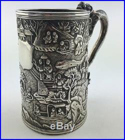Rare 19thC Antique Chinese Export Silver Luen Wo Scene Dragon Tankard Mug Cup