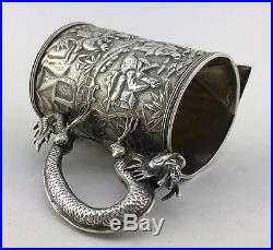 Rare 19thC Antique Chinese Export Silver Scene Dragon Tankard Mug Cup Beaker