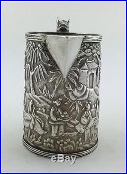 Rare 19thC Antique Chinese Export Silver Scene Dragon Tankard Mug Cup Beaker